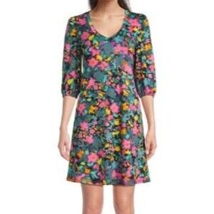 Pioneer Woman 1X Knit Dress V-Neck Puffy  3/4 Sleeves Retro Artsy Bright